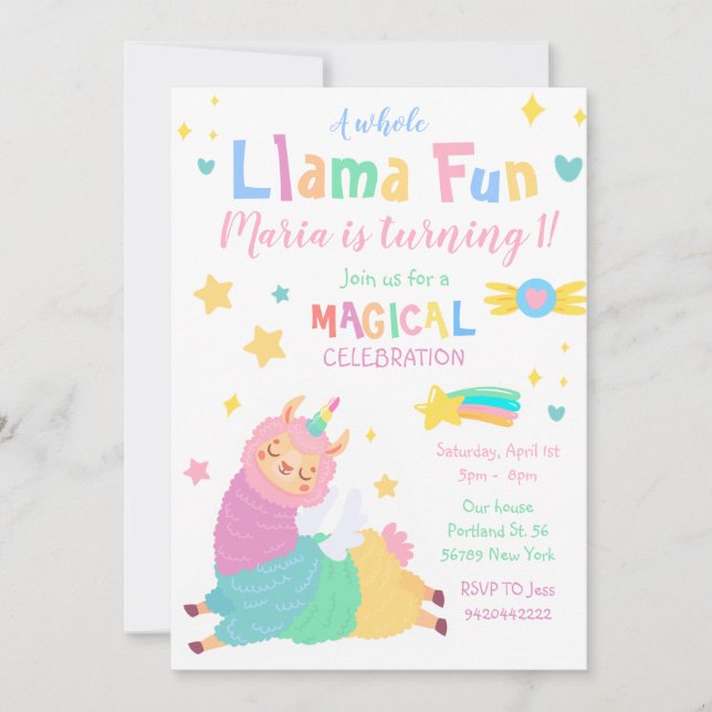Invitación Llama Unicorn Llamacorn Kids Cumpleaños (Anverso)