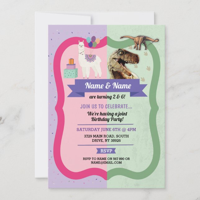 Invitación Llama y dinosaurios invitan a niño Chica cumpleaño (Anverso)