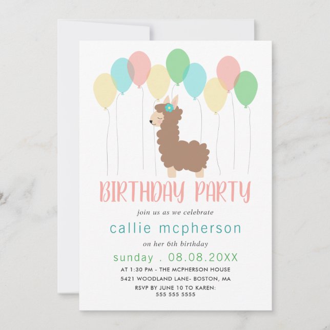 Invitación Llama y globos niños Fiesta de cumpleaños (Anverso)