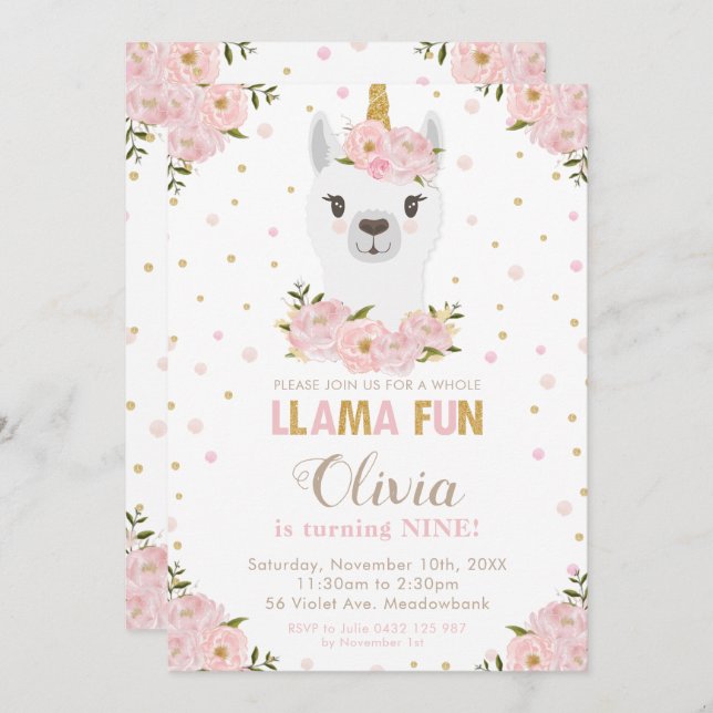 Invitación Llamacorn de cumpleaños de Rubor Floral Llama Unic (Anverso / Reverso)