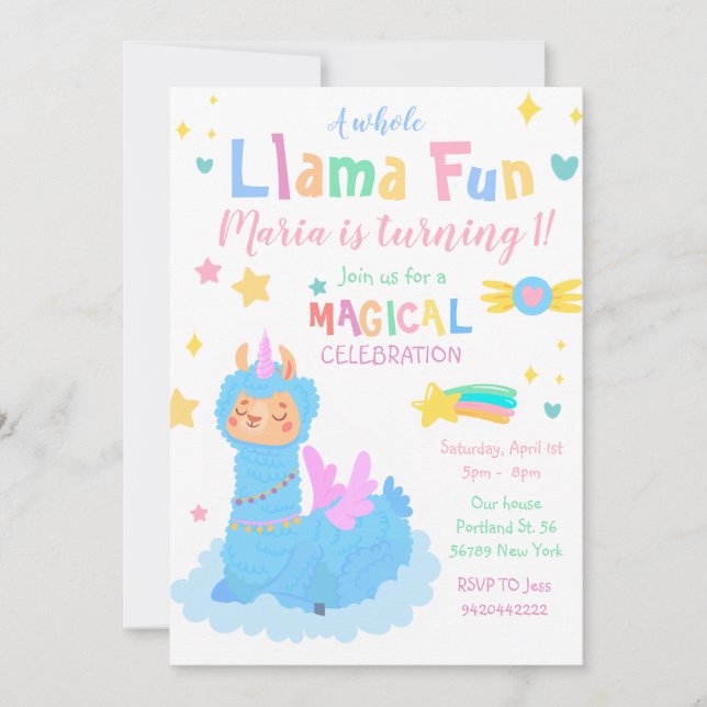 Invitación Llamacorn fiesta mágico Llama cumpleaños divertido (Anverso)