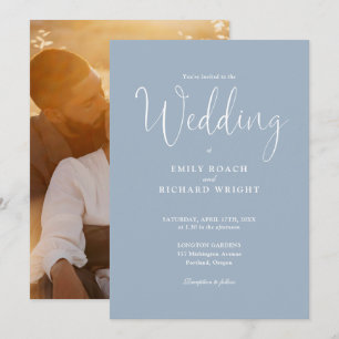 Invitación Llamada de letra caligrafía foto boda azul polvori