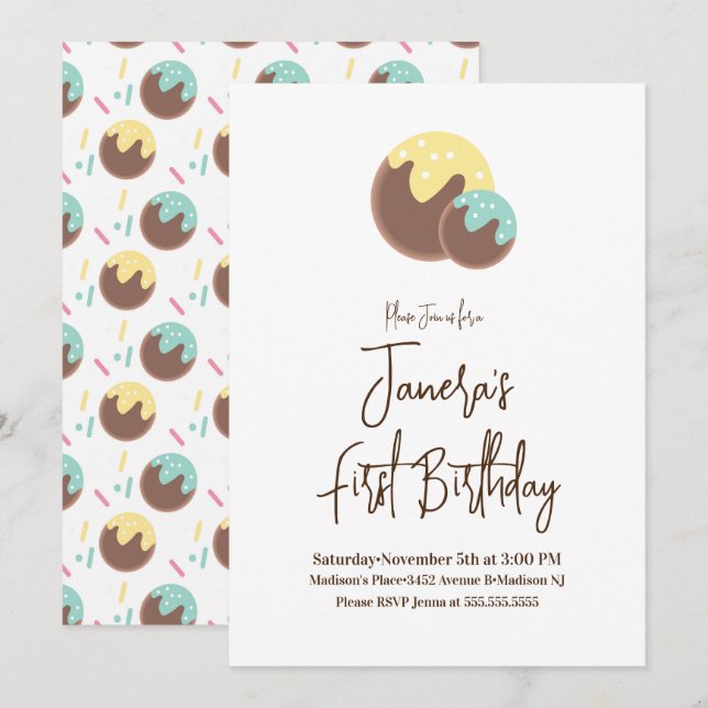 Invitación Llamada de primer cumpleaños a las Pop Balls de Pa (Anverso / Reverso)