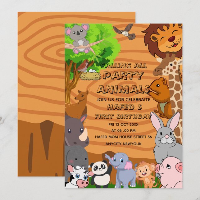 Invitación Llamada editable a todos los animales de fiesta Gr (Anverso / Reverso)