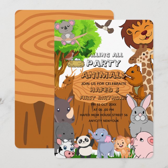 Invitación Llamada editable a todos los animales de fiesta Gr (Anverso / Reverso)