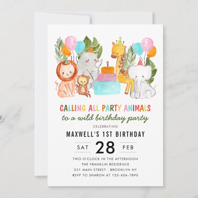 Invitación Llamada linda a todos los animales de fiesta Cumpl (Anverso)