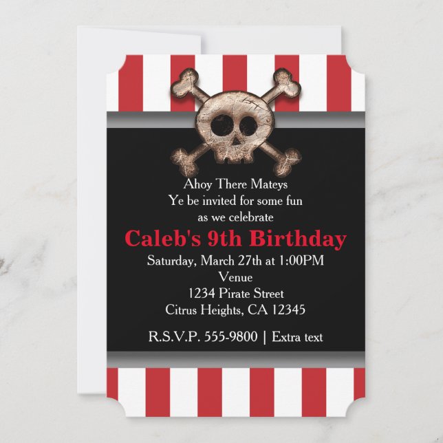 Invitación Llamada roja al pirata de cráneo y huesos angustia (Anverso)