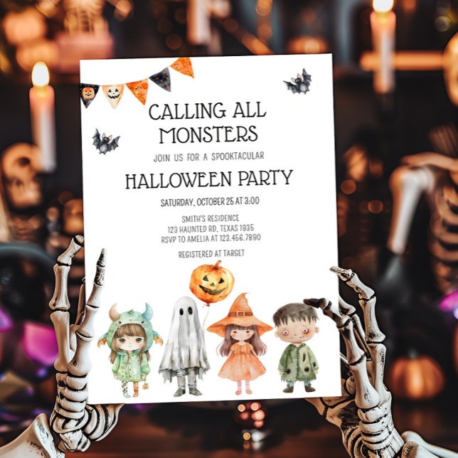 Invitación Llamando a la fiesta de Halloween de los niños de  (Calling All Monsters Kids Costume Halloween Party Invitation)