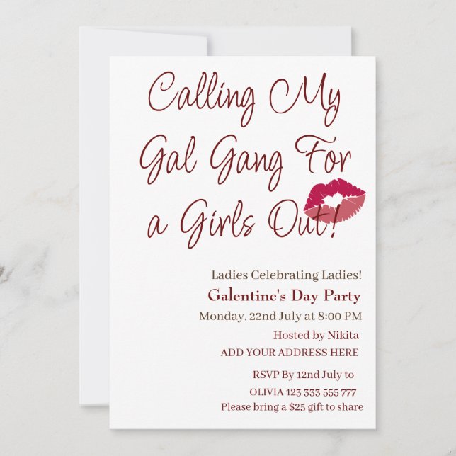 Invitación Llamando a mi pandilla de Chicas por el día de Gal (Anverso)