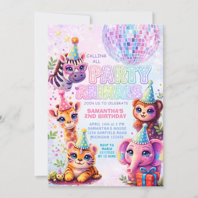 Invitación Llamando a todos los animales de la fiesta Bola de (Anverso)