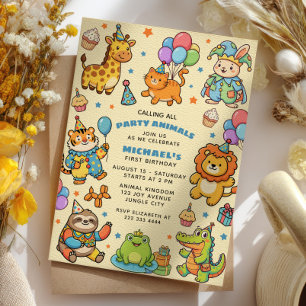 Invitación Llamando a todos los animales de la fiesta Primera