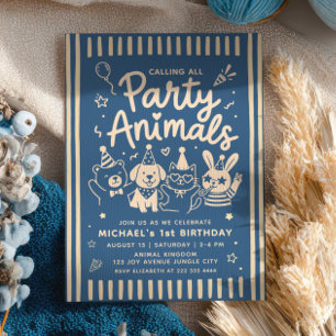Invitación Llamando a todos los animales de la fiesta ZOO Azu