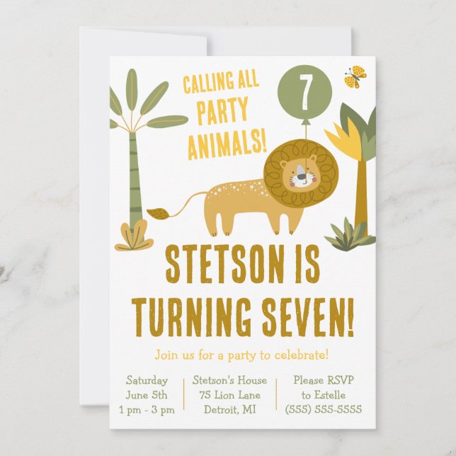 Invitación ¡Llamando a todos los animales Fiestas! León, cump (Anverso)