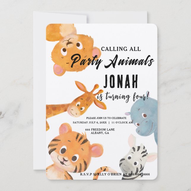 Invitación Llamando a todos los animales Fiestas, niños Fiest (Anverso)