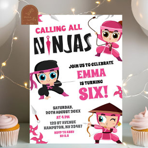 Invitación Llamando a todos los Chicas Ninjas rosados cumplea