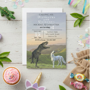 Invitación Llamando a todos los dinosaurios unicornios fiesta