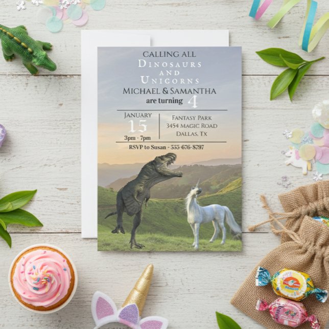 Invitación Llamando a todos los dinosaurios unicornios fiesta (Subido por el creador)