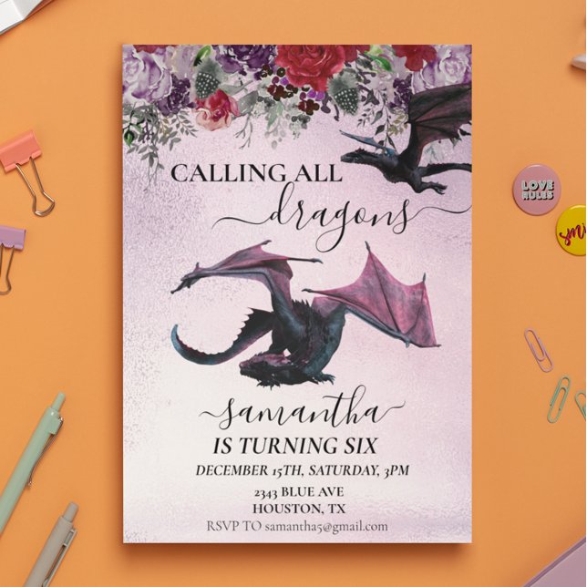 Invitación Llamando a todos los dragones Chica Birthday Purpl (Subido por el creador)