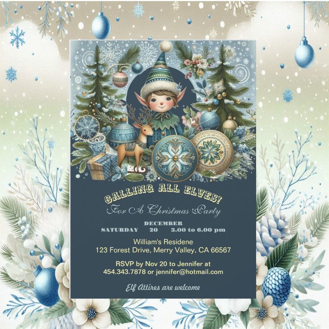 Invitación Llamando a todos los elfos Copos de nieve Fiesta d (Calling All Elves Snowflakes Hail Christmas Party Invitation)