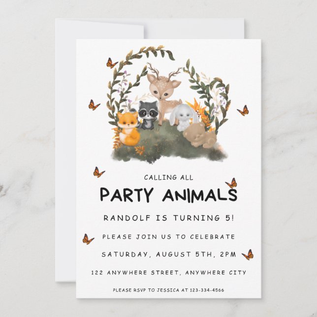 Invitación Llamando a todos los Fiestas de animales niños Fie (Anverso)