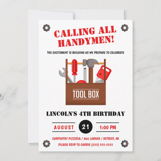 Invitación ¡Llamando a todos los Handymen! Fiesta de cumpleañ (Anverso)