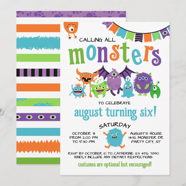 Invitación Llamando a todos los monstruos, fiesta de cumpleañ (Anverso / Reverso)