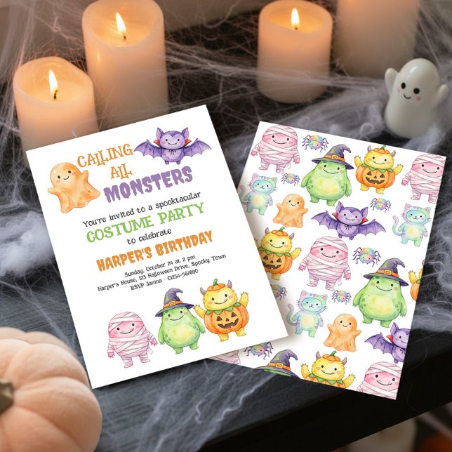 Invitación Llamando a todos los monstruos Fiesta de Cumpleaño (Calling All Monsters Halloween Costume Kids Birthday Invitation by Darling & May)