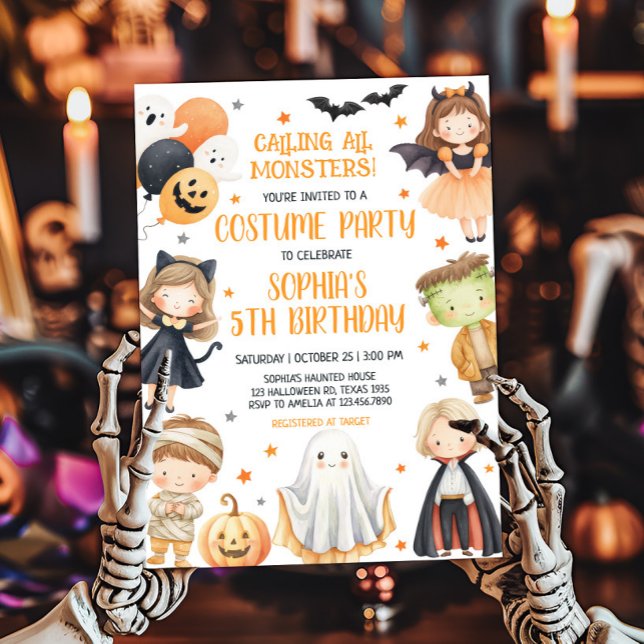 Invitación Llamando a todos los monstruos Halloween Cumpleaño (Calling All Monsters Costume Halloween Birthday Party Invitation)