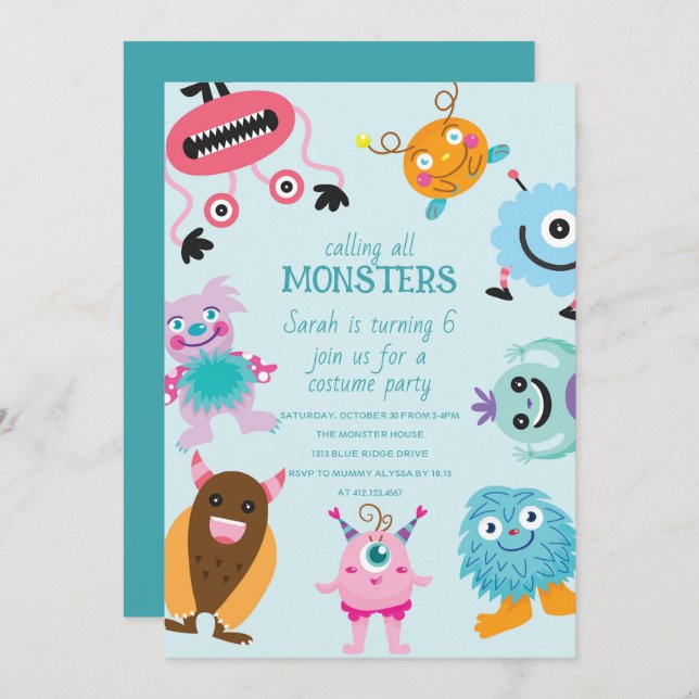 Invitación Llamando a todos los monstruos Halloween Cumpleaño (Anverso / Reverso)