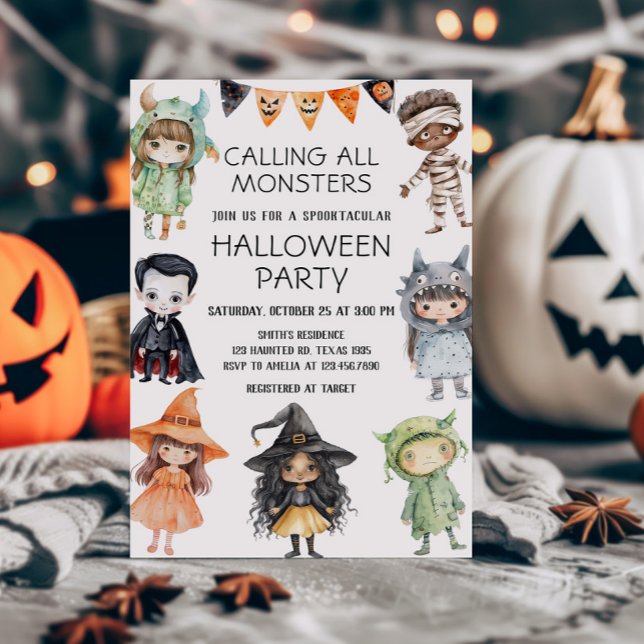 Invitación Llamando a todos los monstruos niños disfrazan fie (Calling All Monsters Kids Costume Halloween Party Invitation)