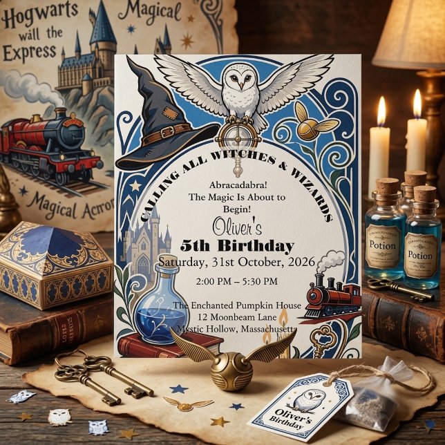 Invitación Llamando Cumpleaños Mágico de Libro de Historias d (Calling Wizard & Witches Story Book Magic Birthday Invitation)