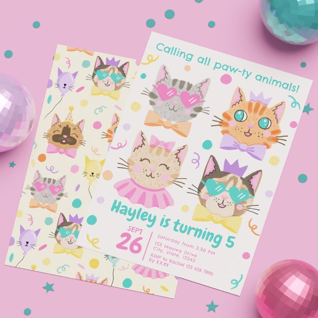 Invitación Llamar a todos los animales de la pelota a un gato (Calling All Pawty Animals Cute Kitty Cat Birthday Invitation)