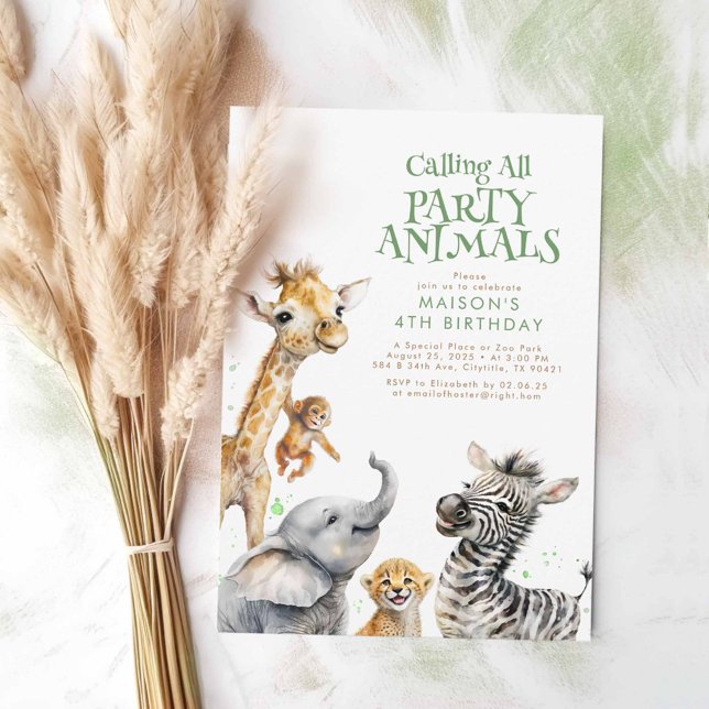 Invitación Llamar a todos los animales Fiestas a celebrar el  (Safari Animals Cute Birthday Invitations)
