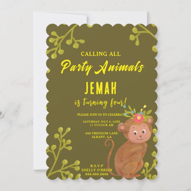 Invitación Llamar a todos los animales Fiestas a un cumpleaño (Anverso)