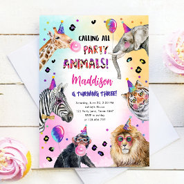 Invitación Llamar a todos los animales Fiestas Chica Safari C
