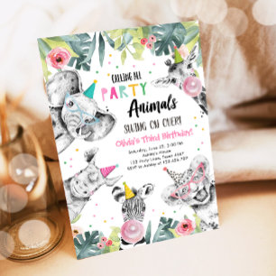 Invitación Llamar a todos los animales Fiestas Chica Safari C