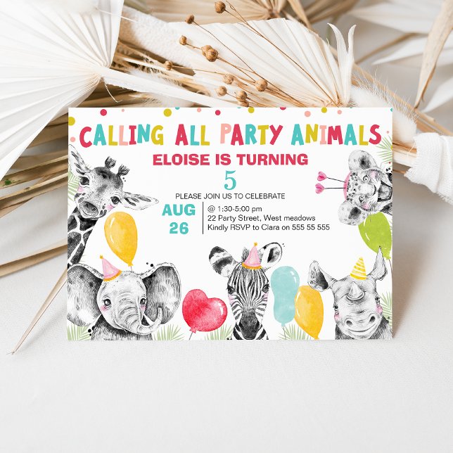 Invitación Llamar a todos los animales Fiestas Safari Cumplea (Colorful Calling All Party Animals Safari Birthday Invitation, Jungle Animals, Balloons, Party Hats)