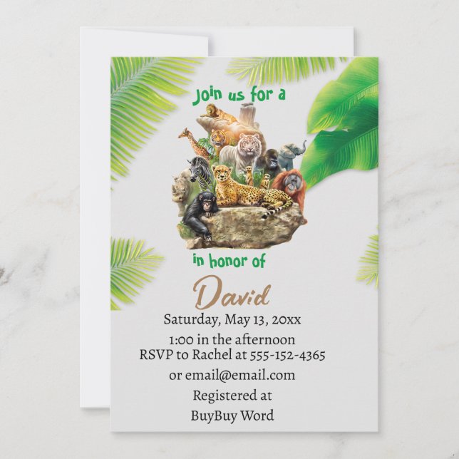 Invitación Llamar a todos los animales Fiestas Zoo Safari Cum (Anverso)