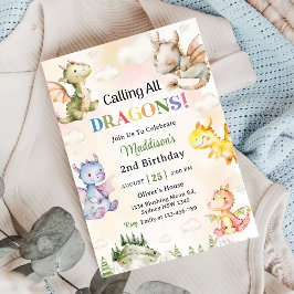 Invitación Llamar a todos los dragones acuarela 2º cumpleaños