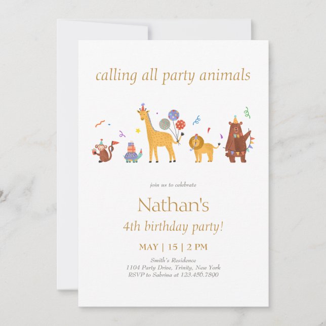 Invitación Llamar a todos los Fiestas de cumpleaños animal (Anverso)