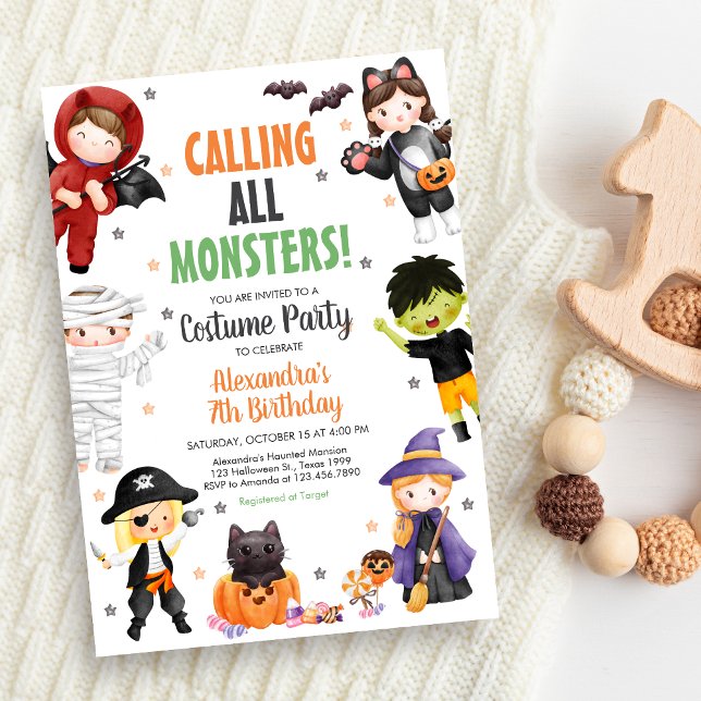 Invitación Llamar a todos los monstruos disfrazar Halloween C (Spooky Costume Halloween Birthday Invitation)