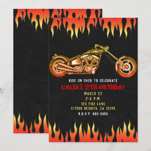Invitación Llamas de Fuego Rojo y Naranja Motocicleta Cumplea