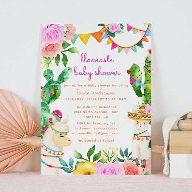 Invitación Llamaste Yoga Llama Baby Shower colorido mexicano (llamaste colorful baby shower with llamas, cacti and flowers)