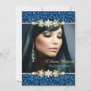 Invitación Llamativo Arco de Quinceañera Dorado y Azul con Br
