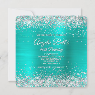 Invitación Llamativo Glitter Plateado Turquesa Monograma en H