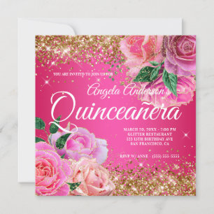 Invitación Llamativo Oro Brillo Rosa Glam Quinceañera