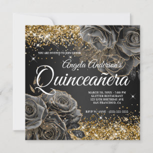Invitación Llamativo Oro Brillo Rosa Negra Glam Quinceañera