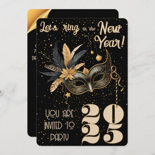 Invitación Llamemos al fiesta de Año Nuevo negro glamoroso (Anverso / Reverso)