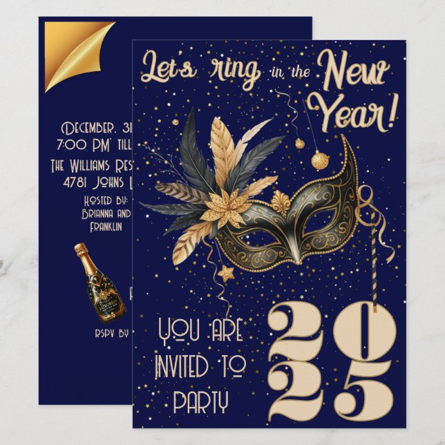 Invitación Llamemos en Año Nuevo fiesta azul glamoroso (Anverso / Reverso)