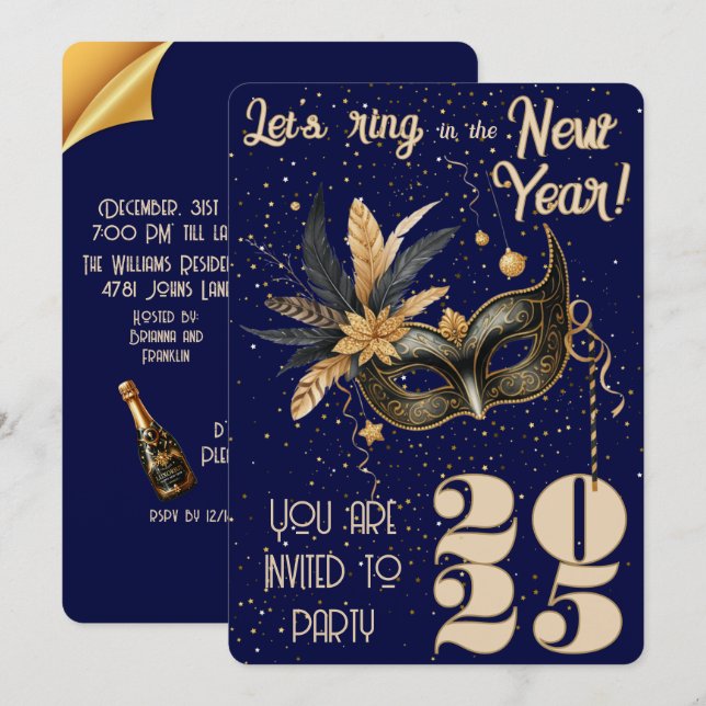 Invitación Llamemos en Año Nuevo fiesta azul glamoroso (Anverso / Reverso)